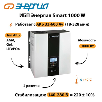 ИБП Энергия Smart 1000W - ИБП и АКБ - Энергия ИБП Smart - . Магазин оборудования для автономного и резервного электропитания Ekosolar.ru в Глазове