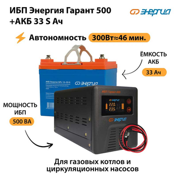 ИБП Энергия Гарант 500 + Аккумулятор S 33 Ач (300Вт - 46мин) - ИБП и АКБ - ИБП для котлов со встроенным стабилизатором - . Магазин оборудования для автономного и резервного электропитания Ekosolar.ru в Глазове